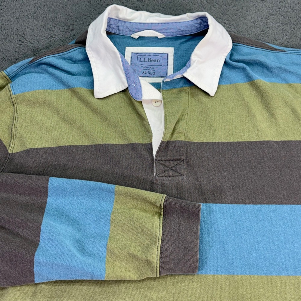 L.L.Bean Rugby Shirt Mens XL Blue Green Gray Striped Long Sleeve Traditional Fit